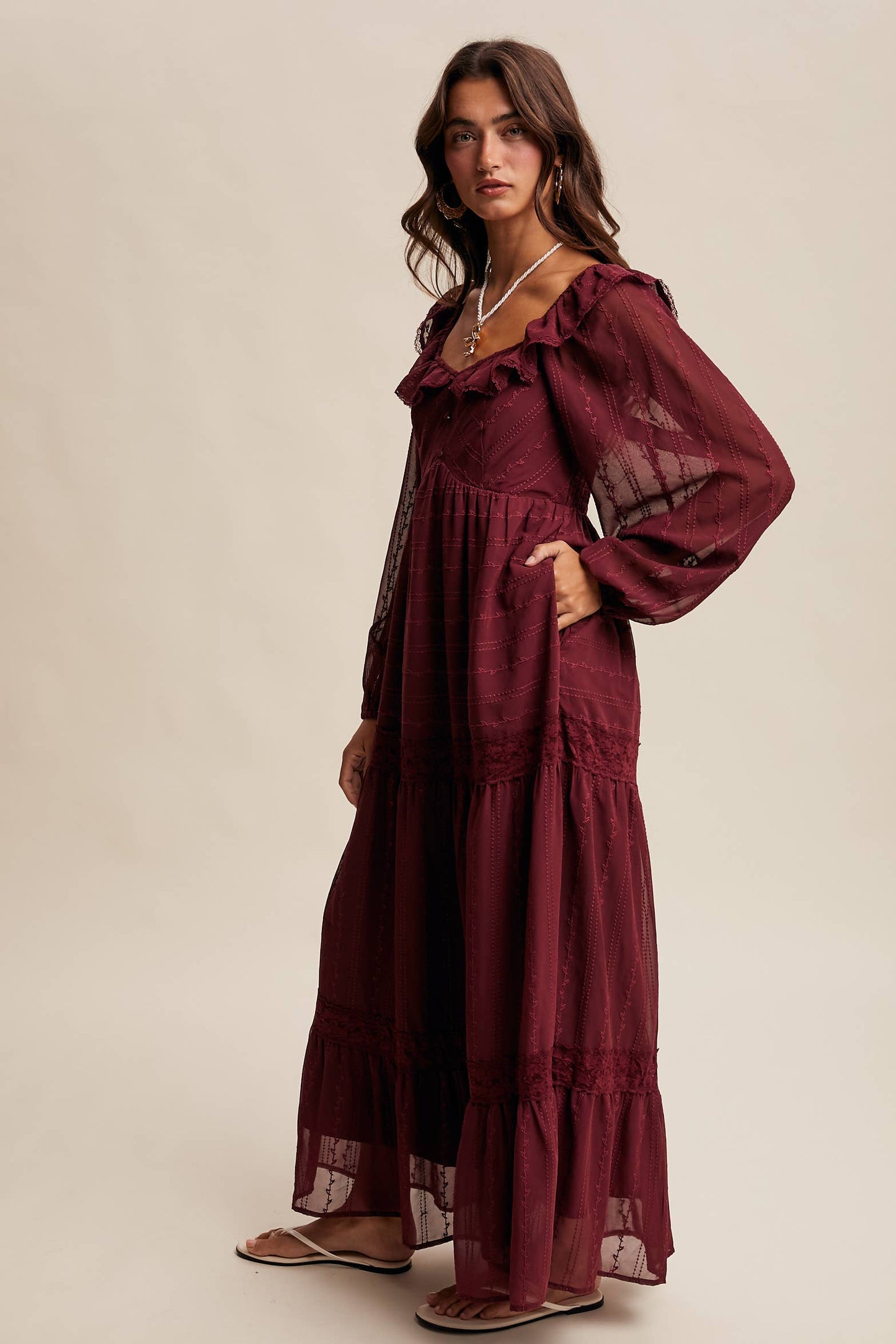 ABIGAIL- Ruffle Trim Tiered Maxi Dress