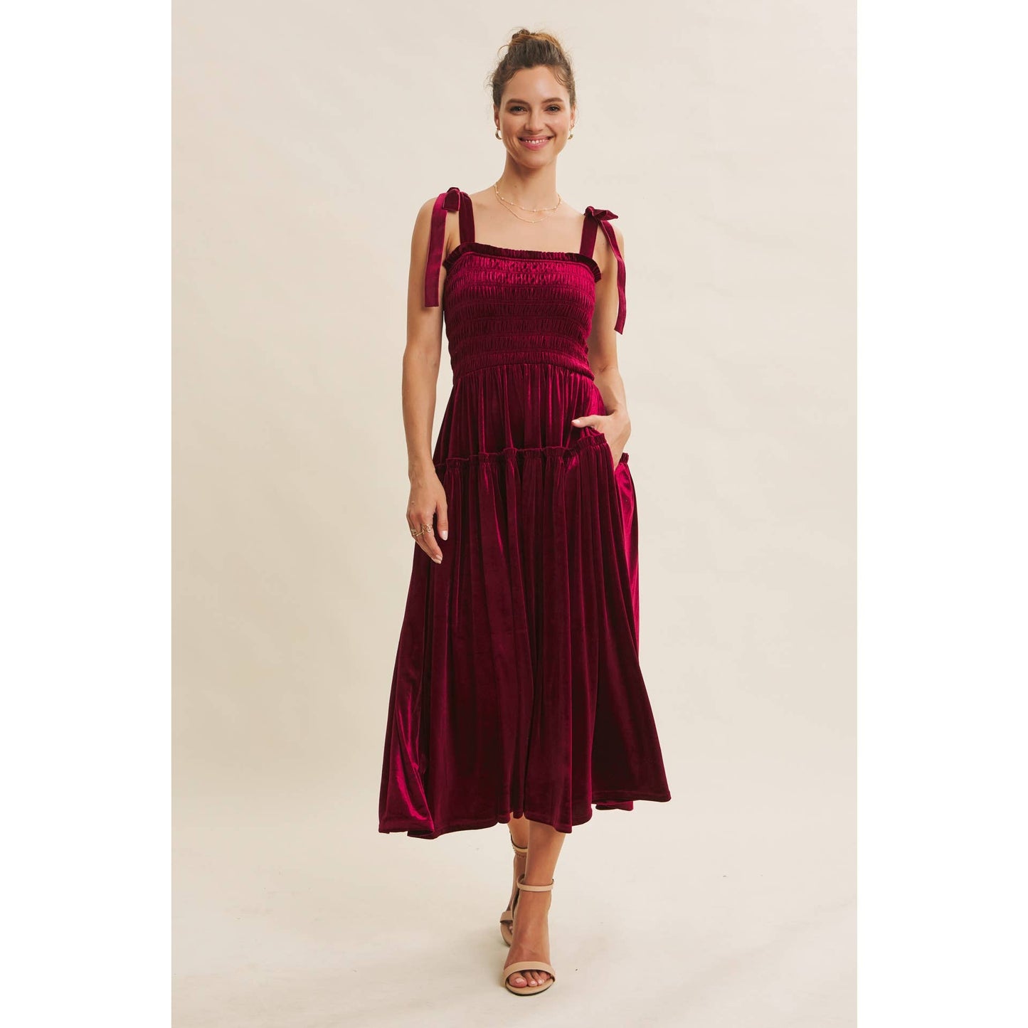 CANDACE- Velvet Smocked Midi Dress