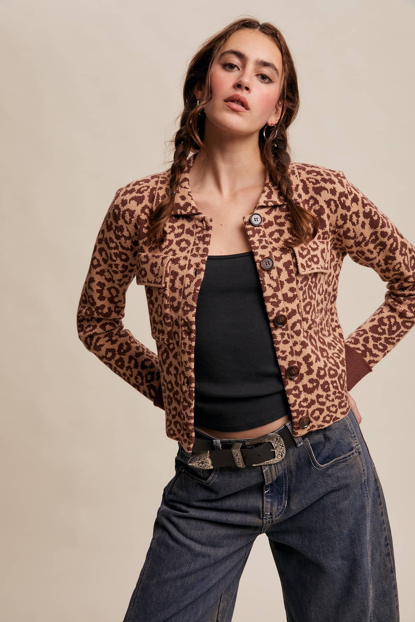 PAMELA: Leopard Knit Button-Up