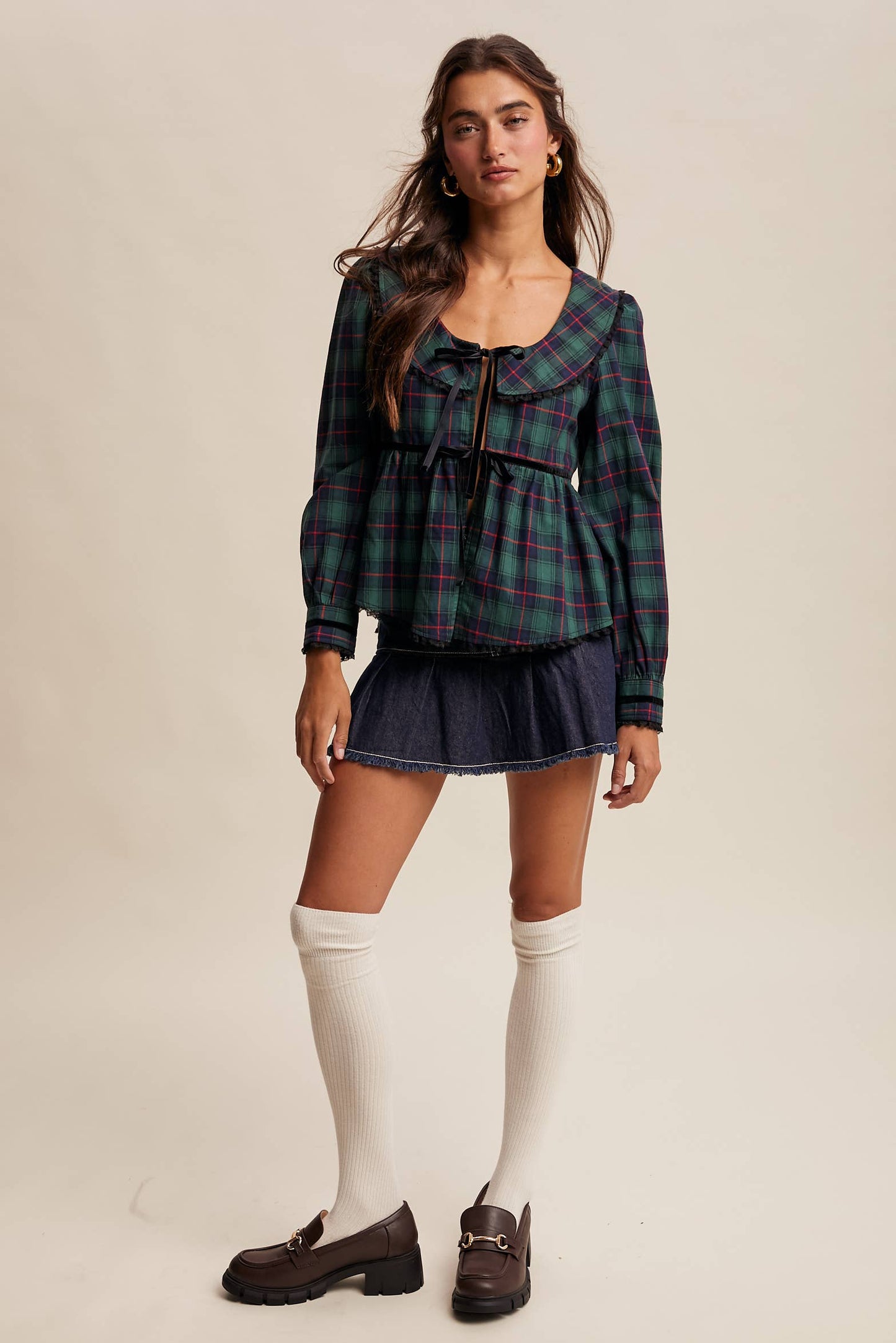 JULIA- Plaid Velvet Trim Holiday Blouse