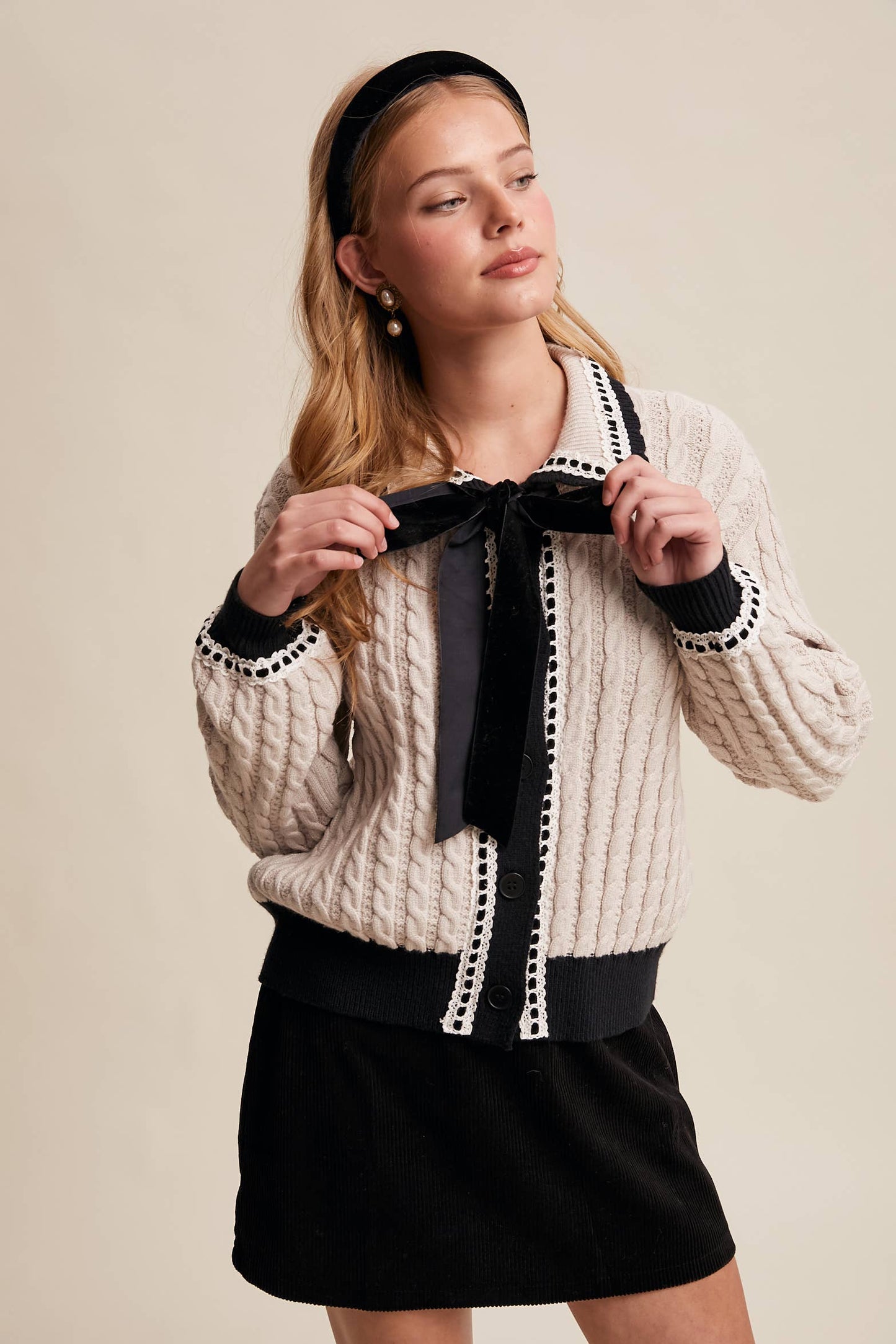 BLAIR: Cable Knit Cardigan with Velvet Bow Details