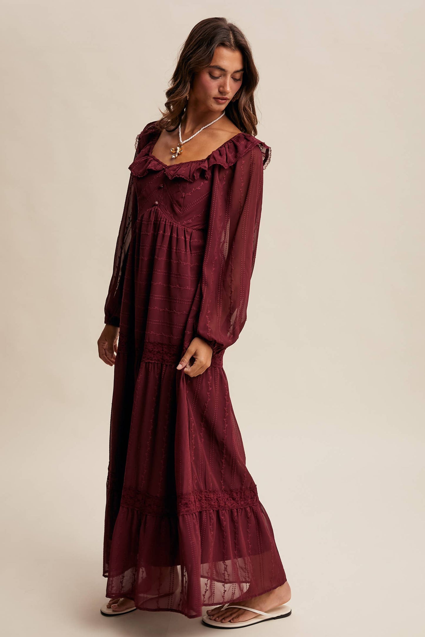 ABIGAIL- Ruffle Trim Tiered Maxi Dress