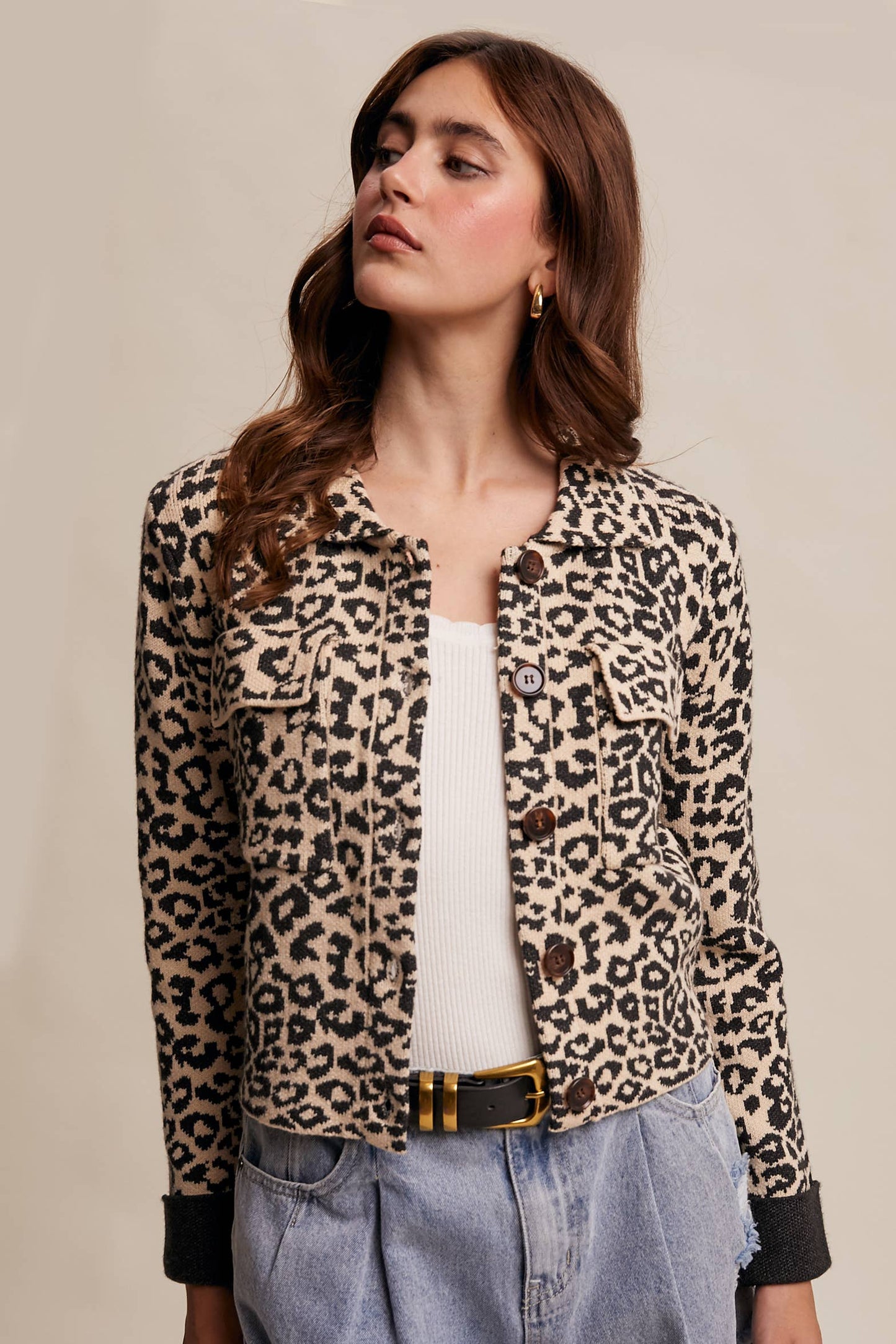 PAMELA: Leopard Knit Button-Up