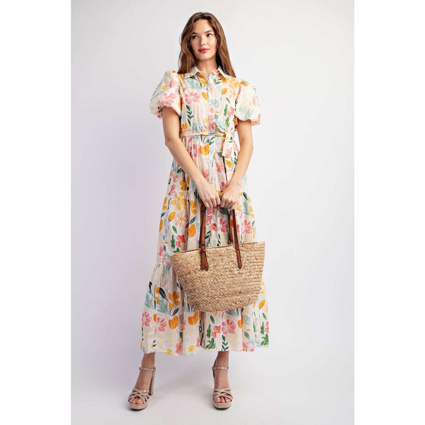 KELLY: Maxi Dress With Puff Sleeve: Beige