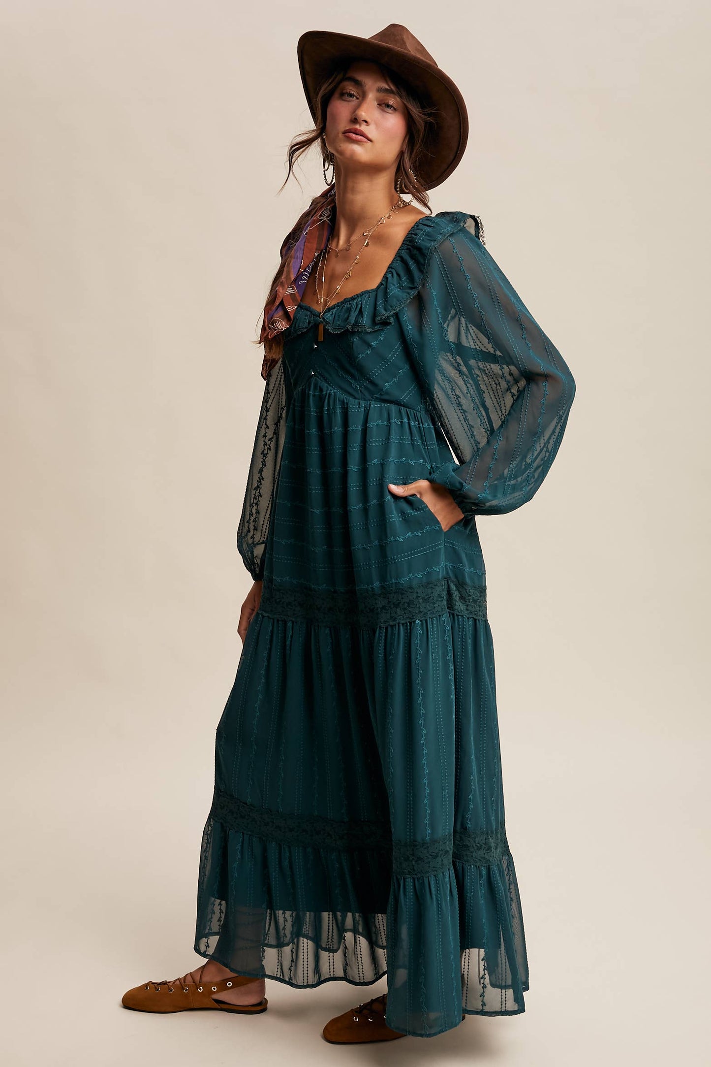 ABIGAIL- Ruffle Trim Tiered Maxi Dress