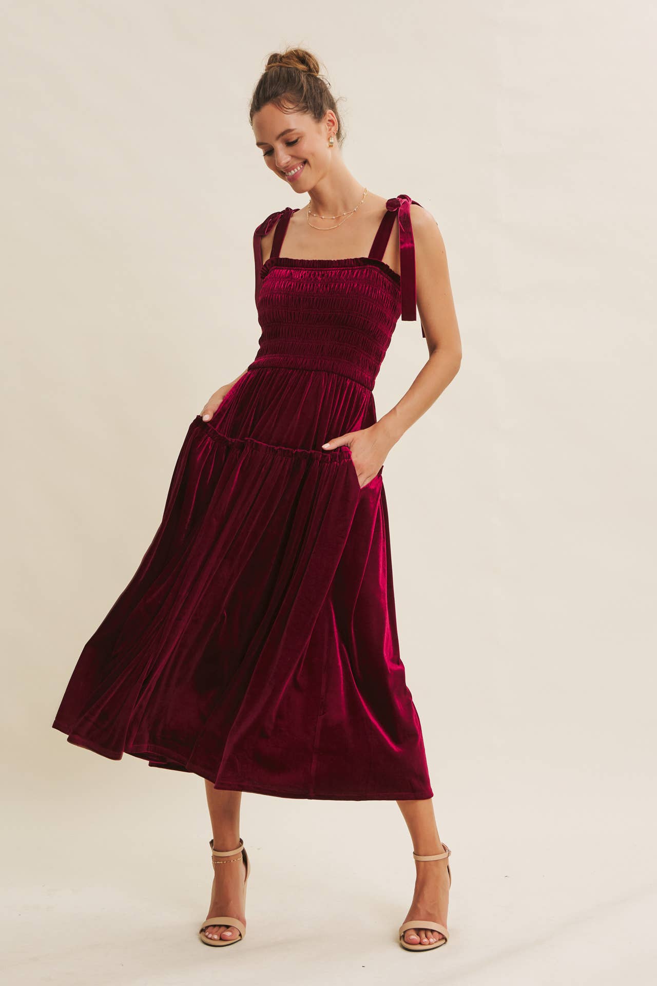 CANDACE- Velvet Smocked Midi Dress