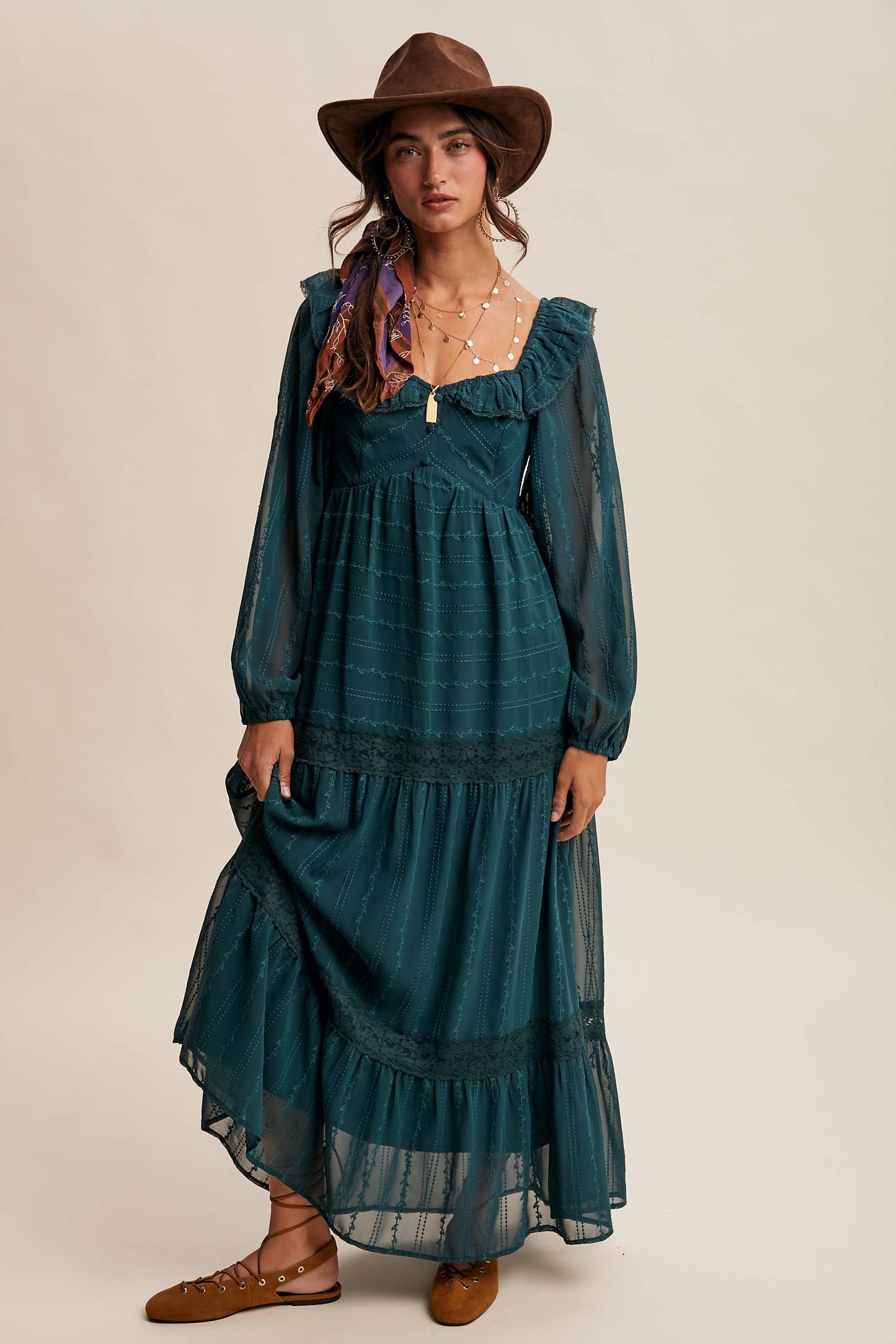 ABIGAIL- Ruffle Trim Tiered Maxi Dress
