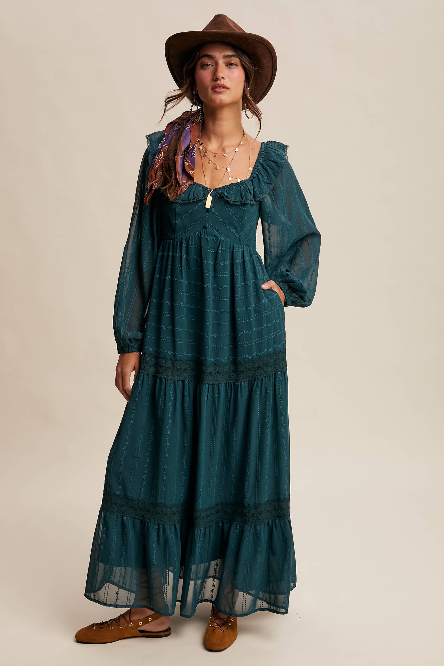 ABIGAIL- Ruffle Trim Tiered Maxi Dress