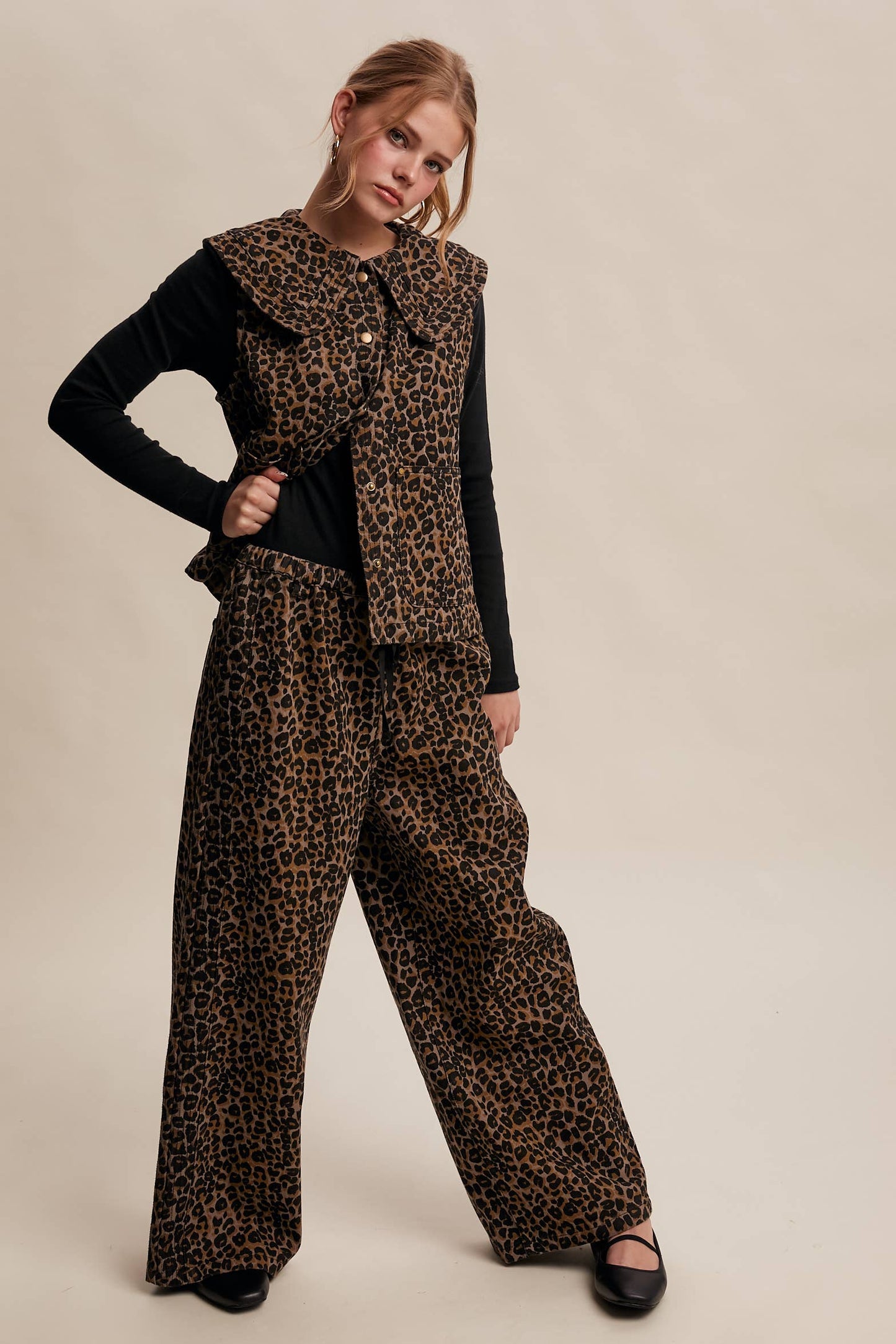 JANICE- Leopard Print Denim Wide-Leg Pants