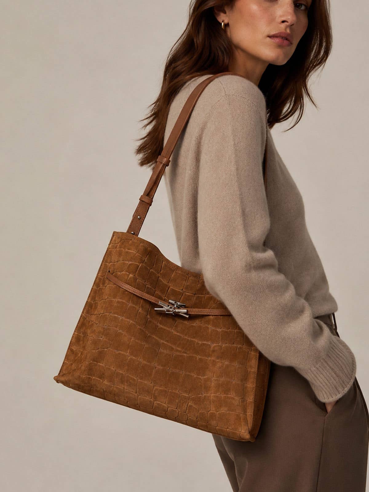 KODI- Leather & Suede Croc-Embossed Shoulder Tote
