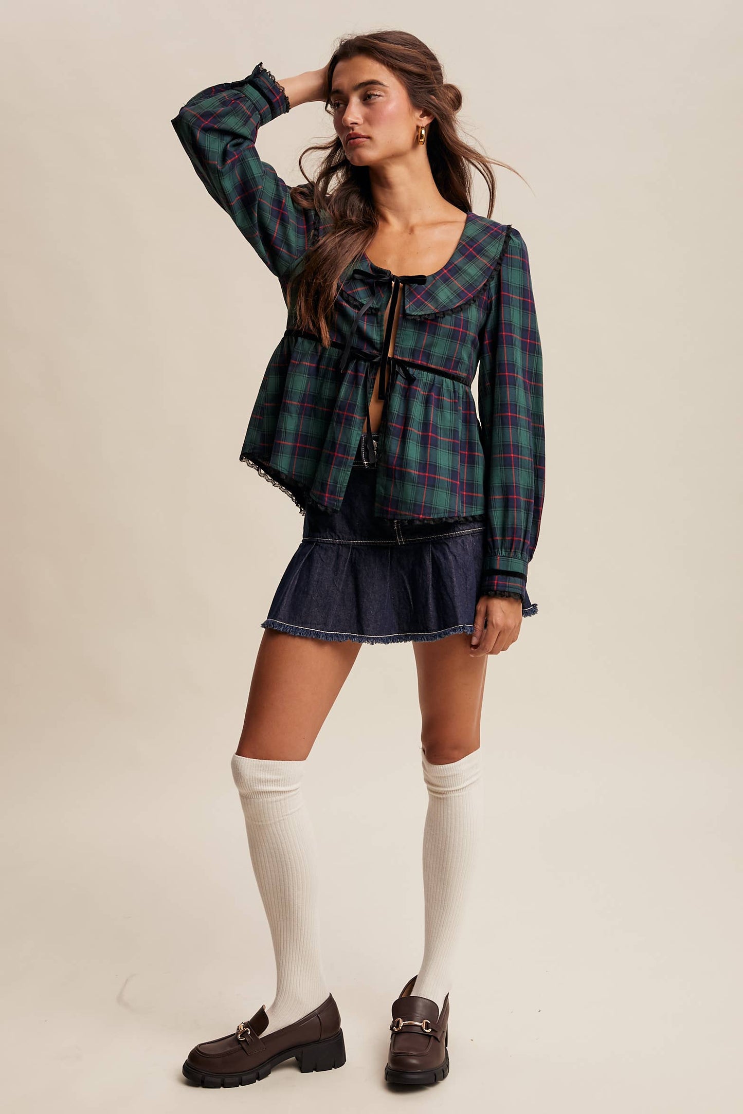 JULIA- Plaid Velvet Trim Holiday Blouse