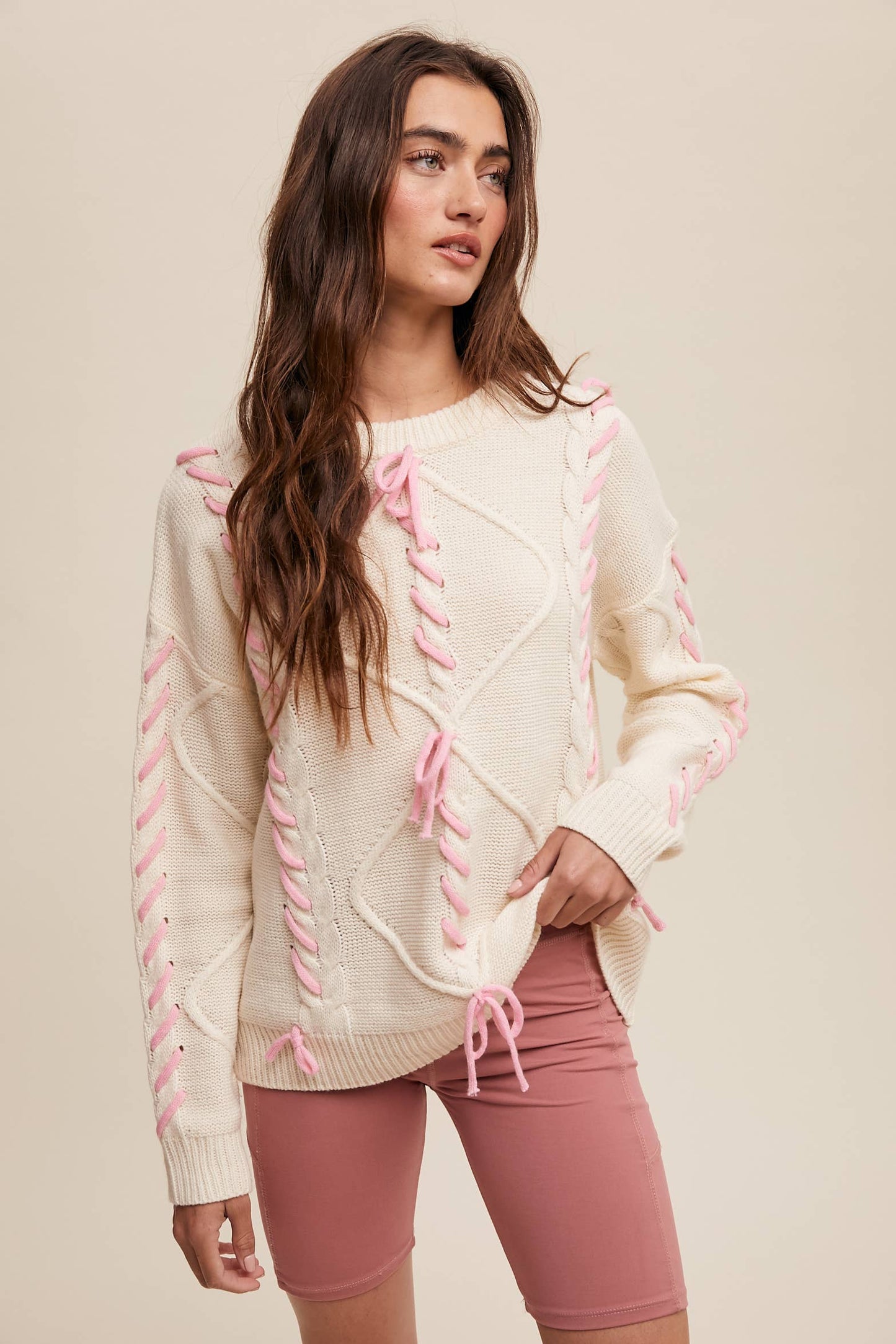 DOLLY- Lace Up Bow Sweater