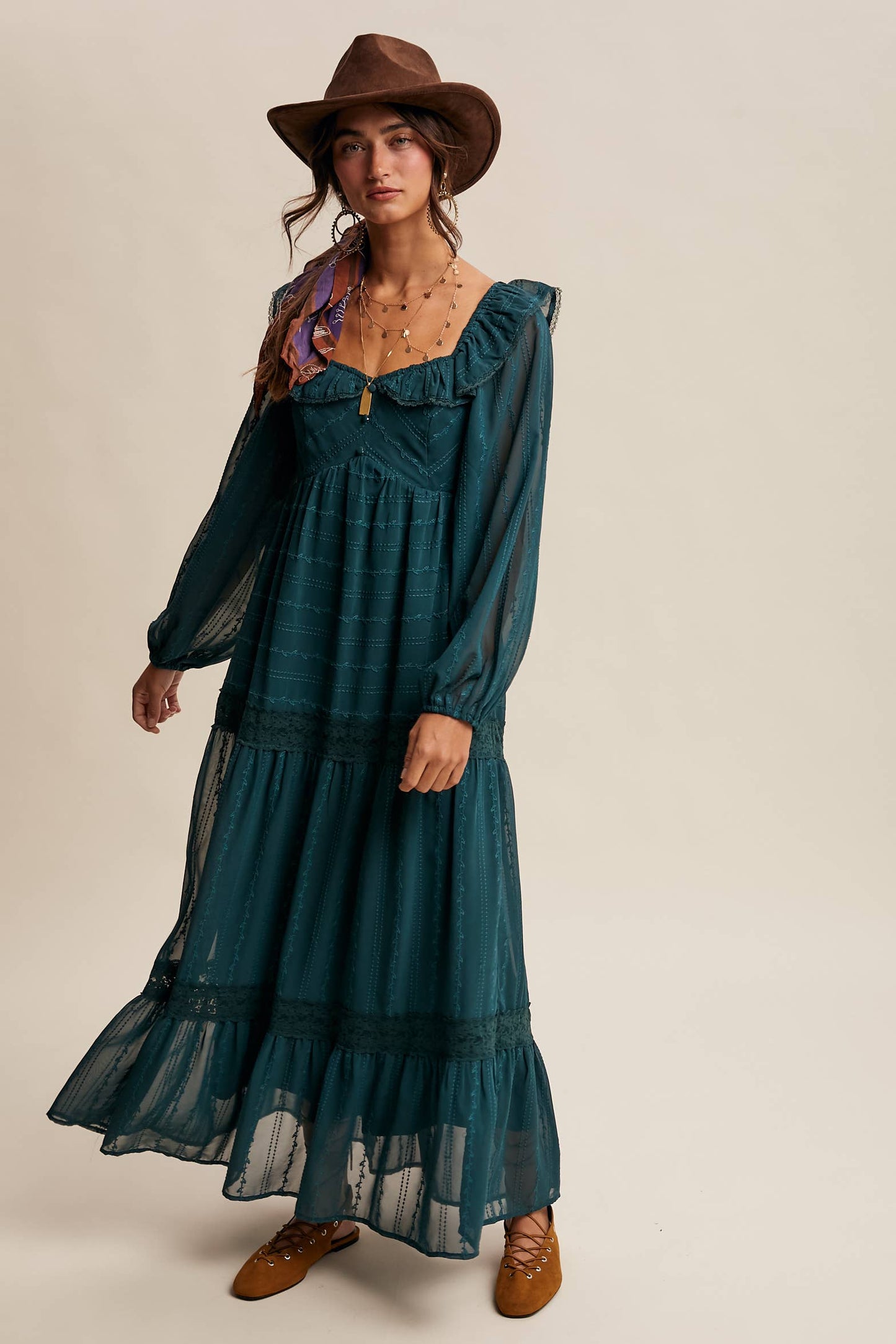 ABIGAIL- Ruffle Trim Tiered Maxi Dress