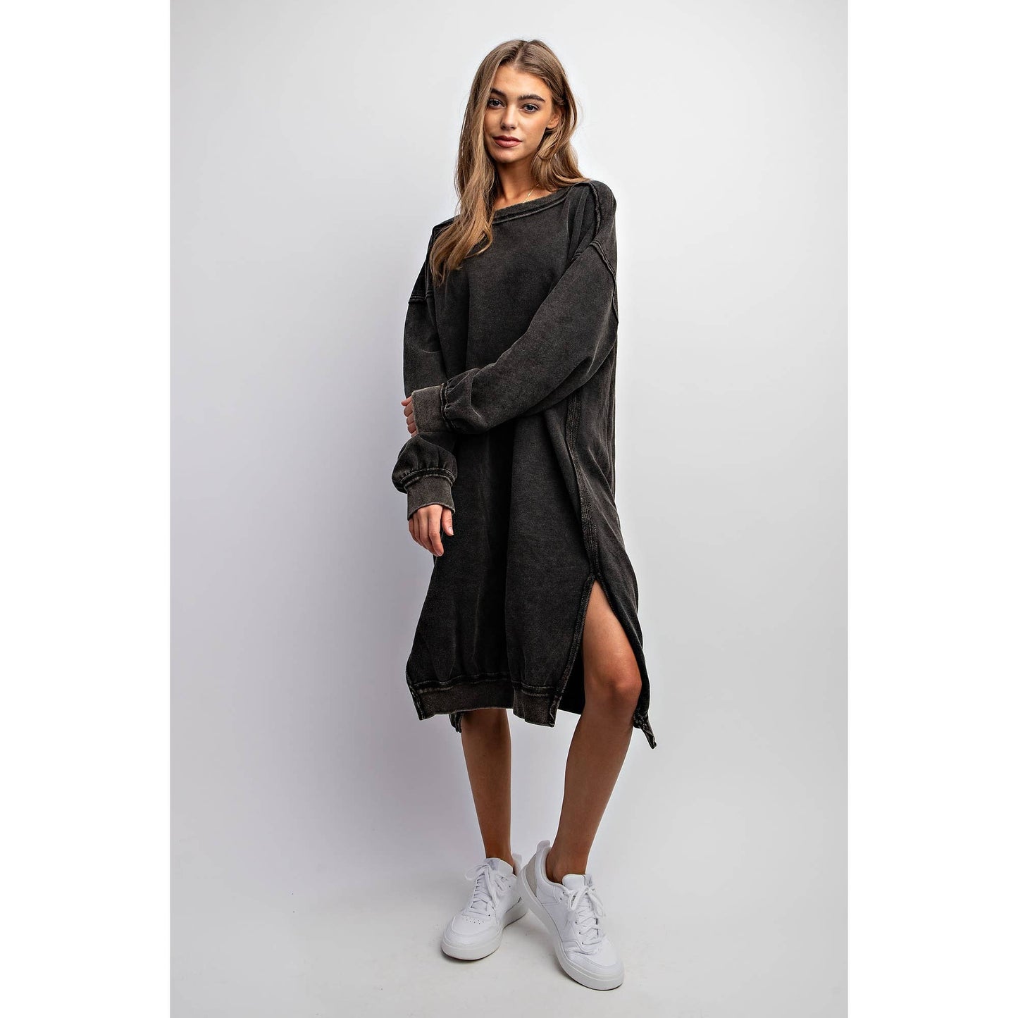 WASHED RELAXED FIT LONG DRESS: Black