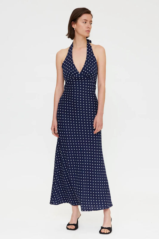 MARILYN- Navy blue mini dot print midi dress