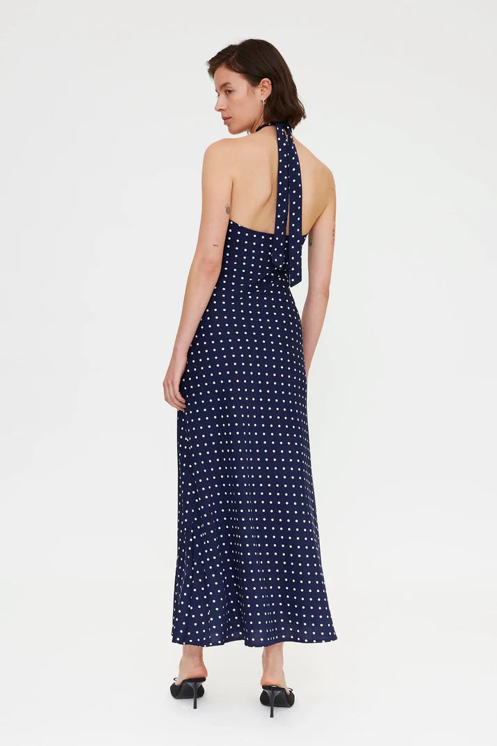MARILYN- Navy blue mini dot print midi dress