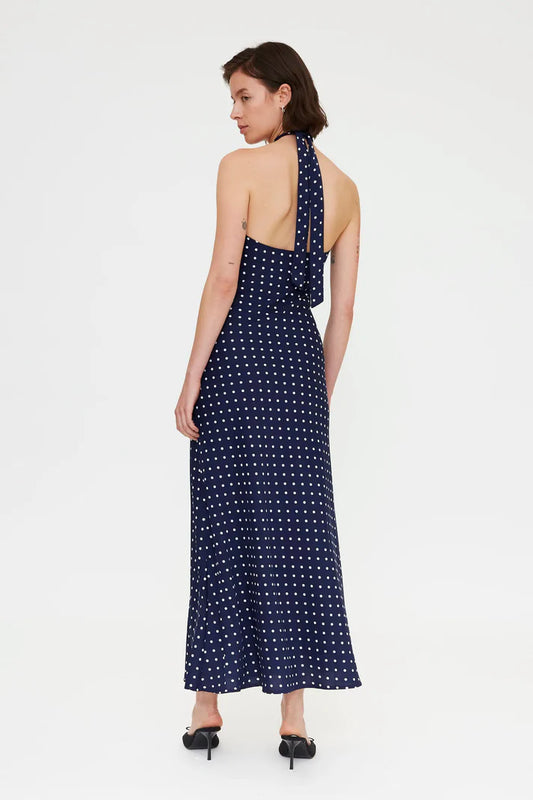 MARILYN- Navy blue mini dot print midi dress
