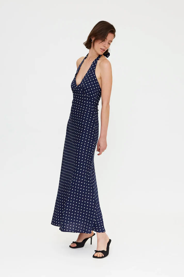 MARILYN- Navy blue mini dot print midi dress